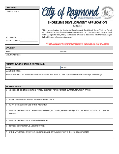 First page of the Shoreline Development Application