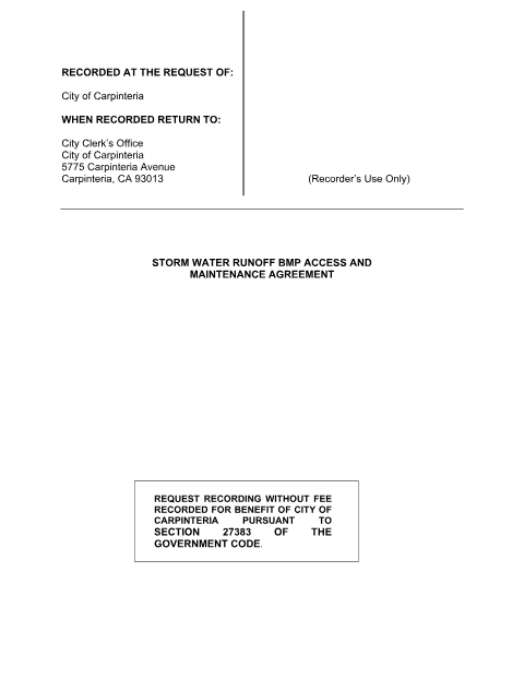 First page of the Storm Water Runoff BMP Access and Maintenance Agreement