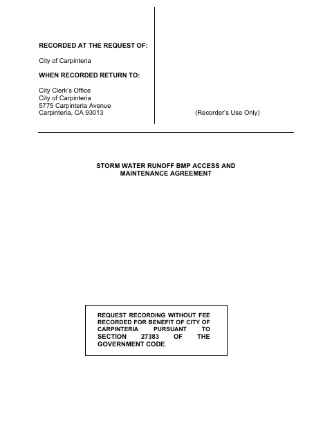 First page of the Storm Water Runoff BMP Access and Maintenance Agreement