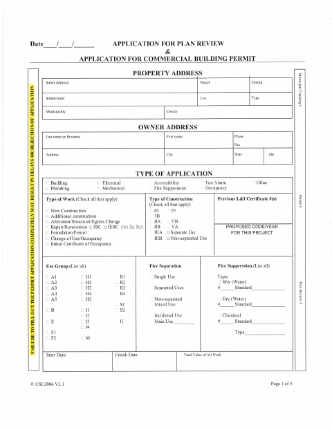 First page of the Commercial Building Permit Application