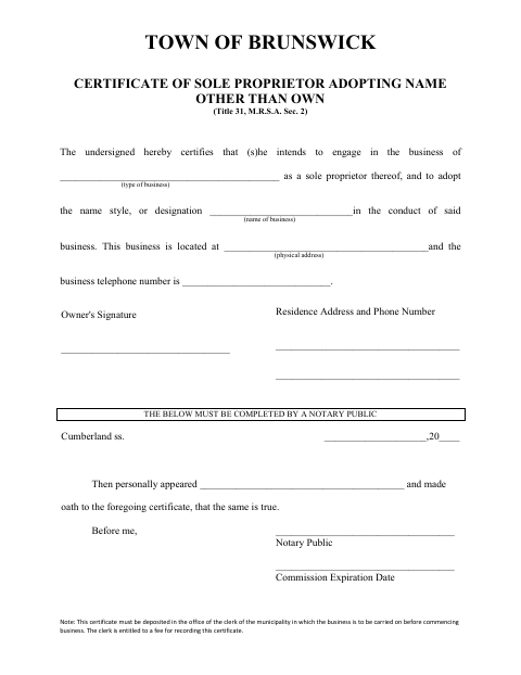 First page of the Certificate of Sole Proprietor Adopting Name Other Than Own