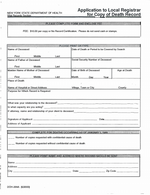 First page of the Application to Local Registrar for Copy of Death Record