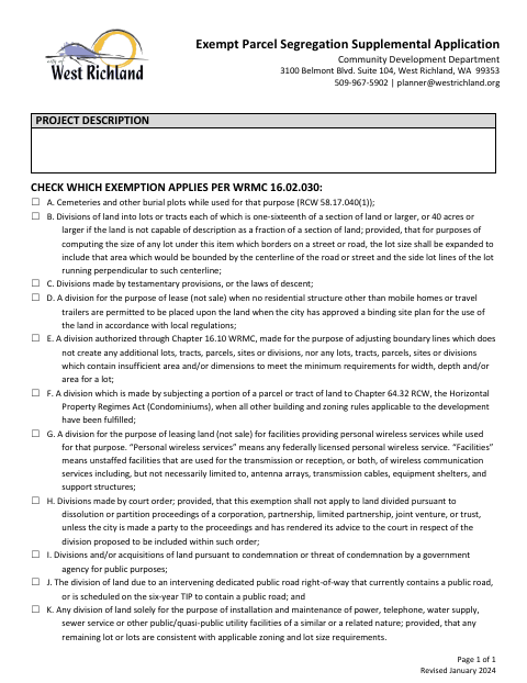 First page of the Exempt Parcel Segregation Supplemental Application