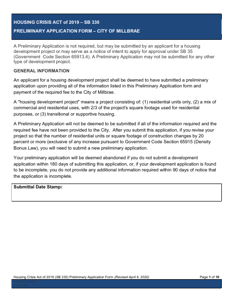 First page of the SB 330 Preliminary Application Form