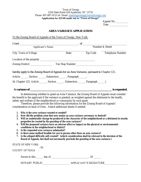First page of the Area Variance Application