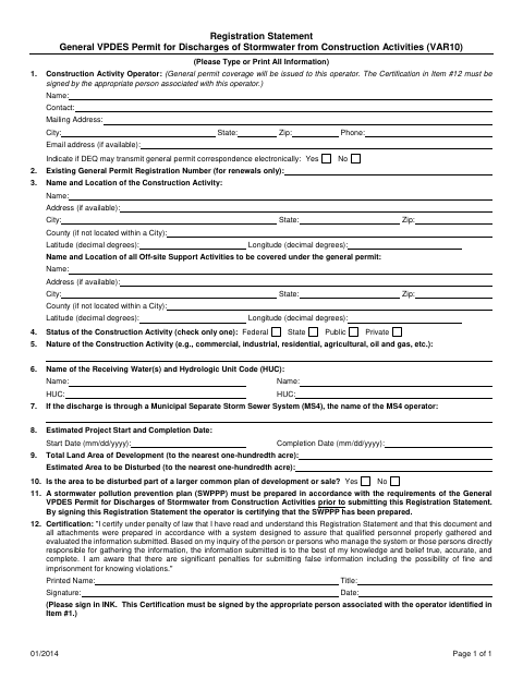 First page of the Stormwater Construction Permit Registration Statement