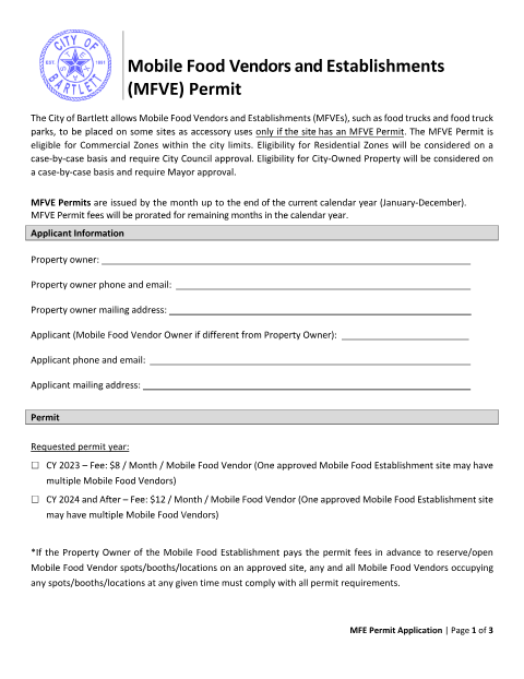 First page of the Mobile Food Establishment Permit Application