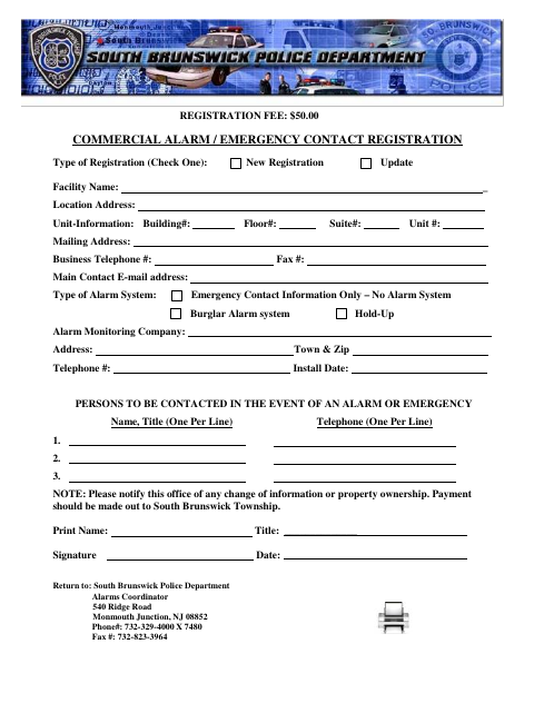 First page of the Commercial Alarm / Emergency Contact Registration