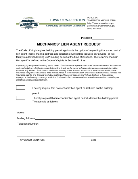 First page of the Mechanics' Lien Agent Request