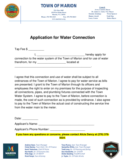 First page of the Application for Water Connection