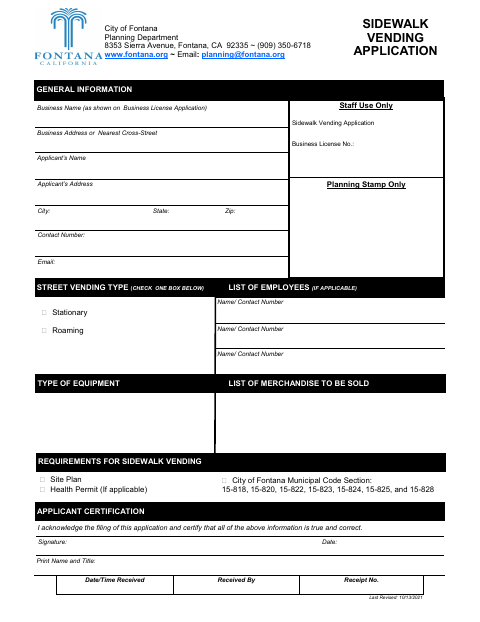 First page of the Sidewalk Vending Application