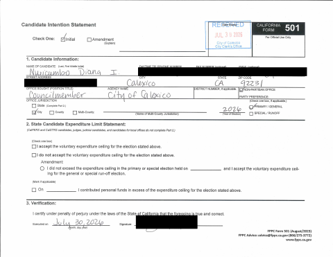 First page of the Candidate Intention Statement