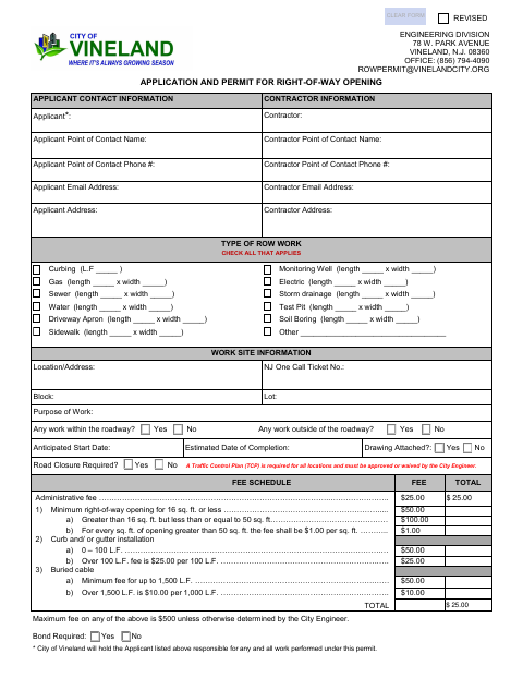 First page of the Revised Application and Permit for Right-of-Way Opening