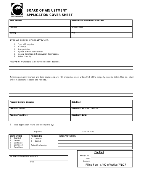First page of the Board of Adjustment Application – Appeal