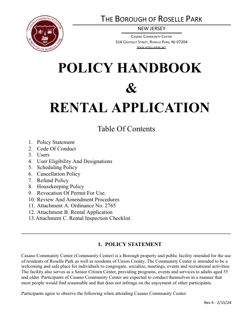 First page of the Casano Community Center Rental Application