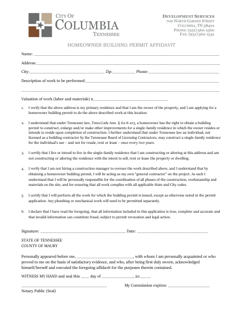 First page of the Homeowner Building Permit Affidavit