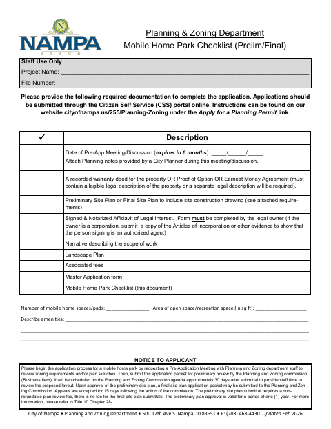 First page of the Mobile Home Park Checklist (Preliminary/Final)