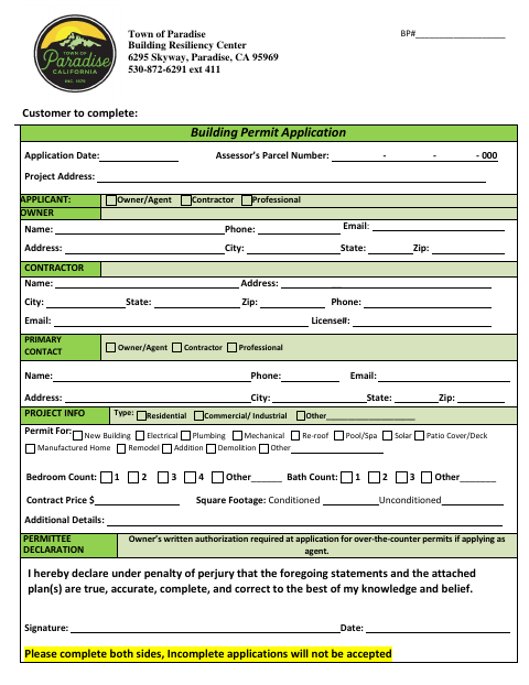 First page of the Building Permit Application