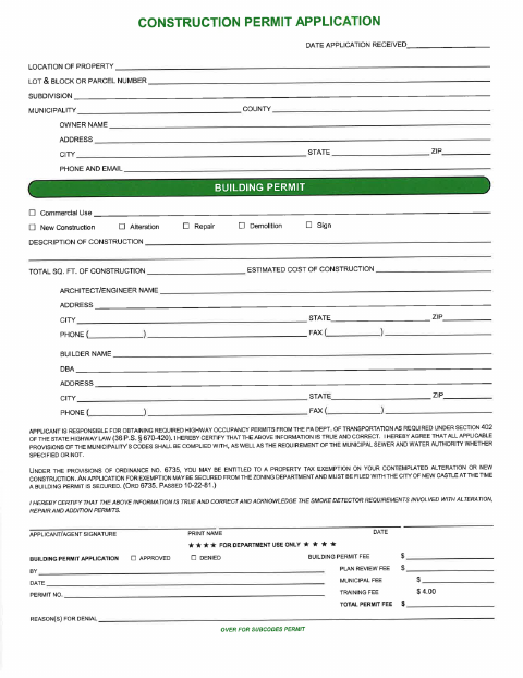 First page of the PA UCC Commercial Building Permit Application