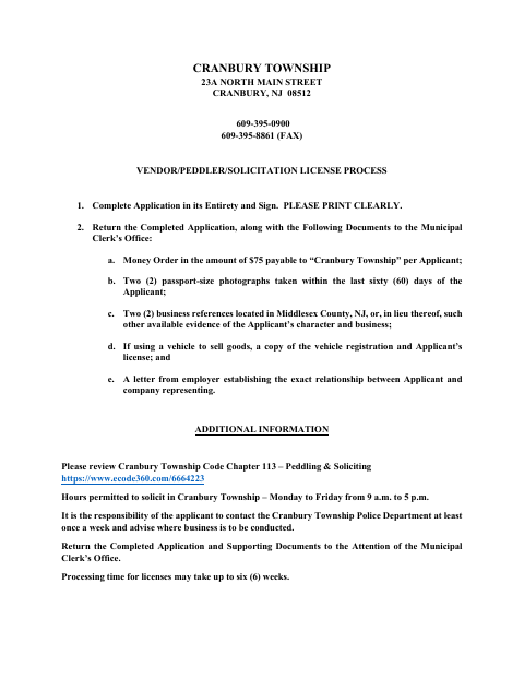 First page of the Application for License to Sell, Solicit or Canvass Door-to-Door