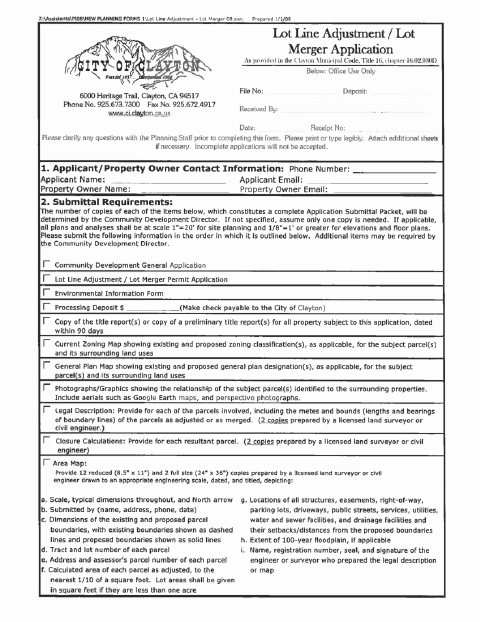 First page of the Lot Line Adjustment / Lot Merger Application