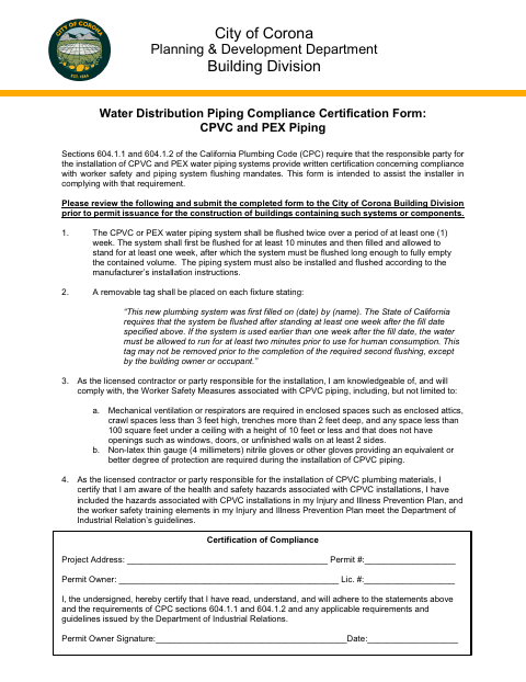 First page of the Water Distribution Piping Compliance Certification Form: CPVC and PEX Piping
