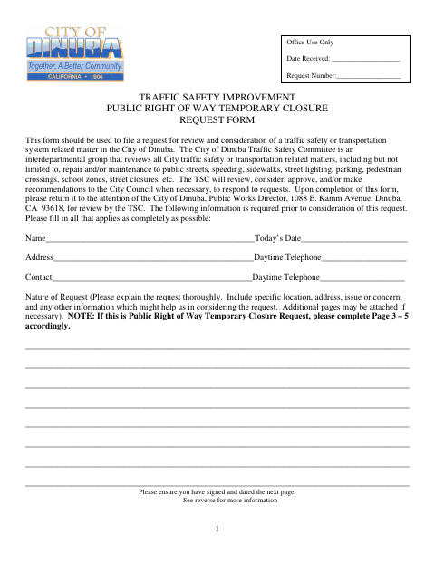 First page of the Traffic Safety Improvement Public Right of Way Temporary Closure Request Form