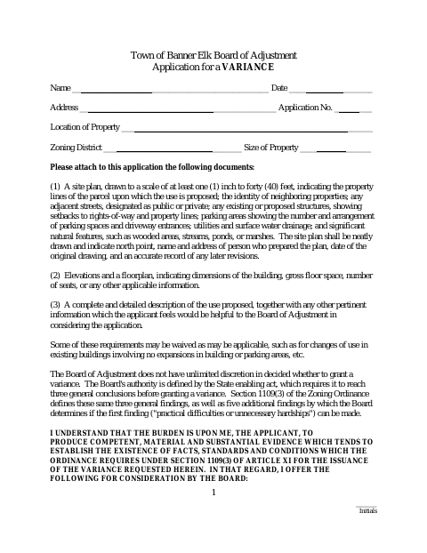 First page of the Variance Application