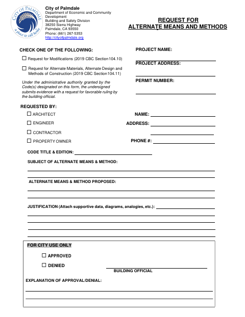 First page of the Request for Alternate Means and Methods
