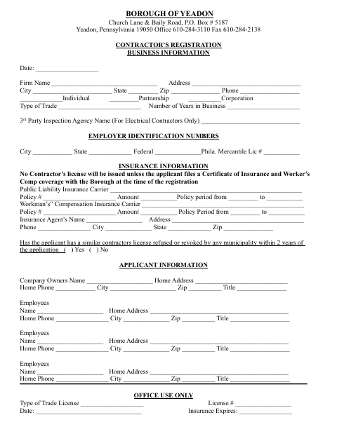 First page of the Contractor’s Registration