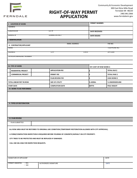 First page of the Right-of-Way Permit Application