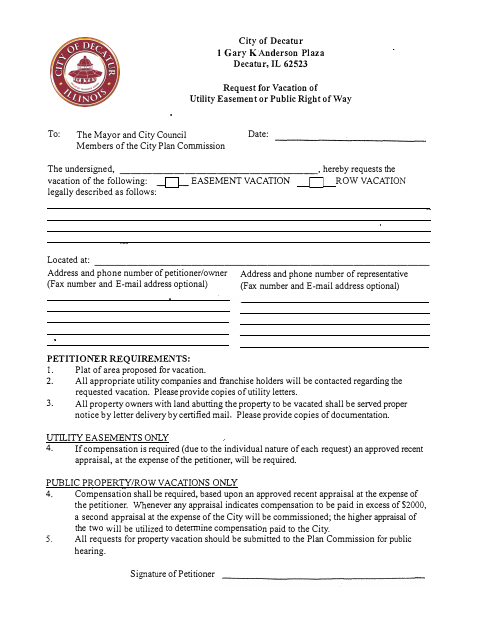 First page of the Request for Vacation of Utility Easement or Public Right of Way