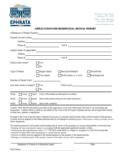 First page of the Application for Residential Rental Permit