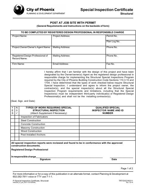 First page of the Special Inspection Certificate Structural