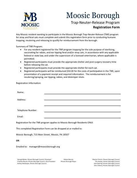 First page of the Trap-Neuter-Release Program Registration Form