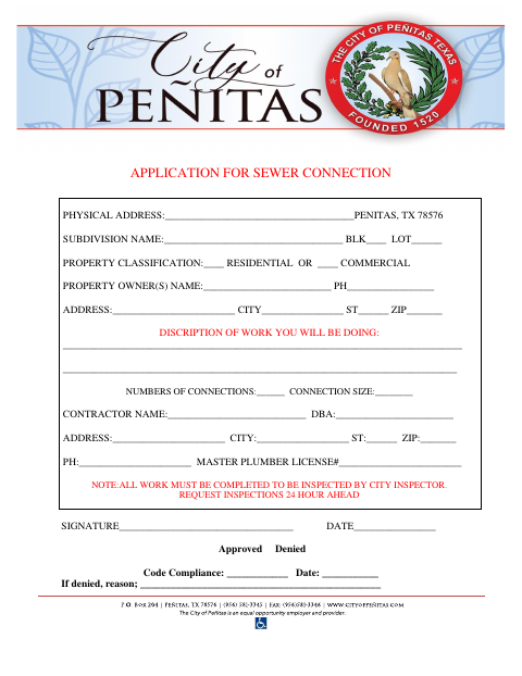 First page of the Application for Sewer Connection