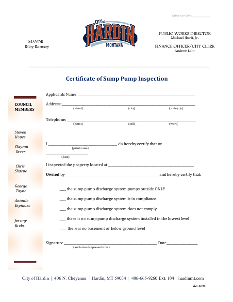 First page of the Certificate of Sump Pump Inspection