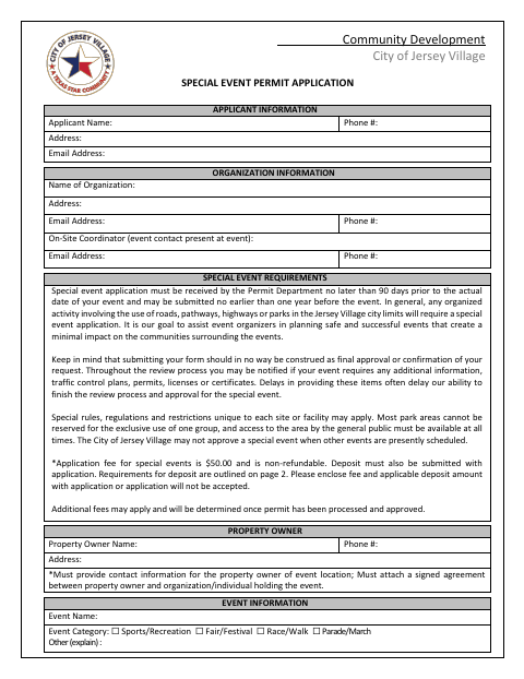 First page of the Special Event Permit Application