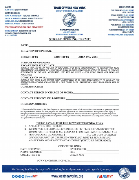First page of the Street Opening Application