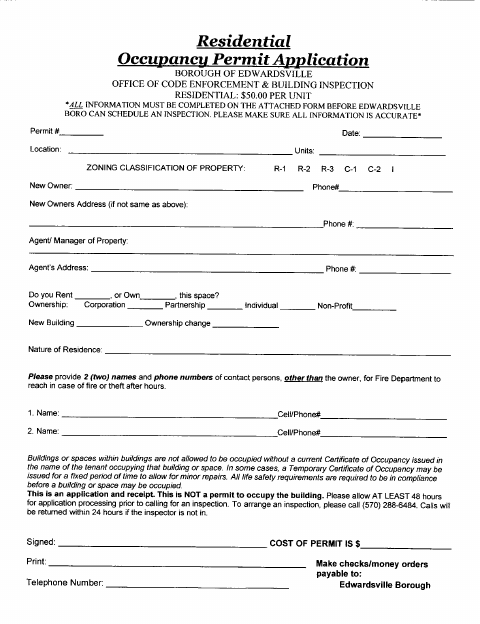 First page of the Residential Occupancy Permit Application