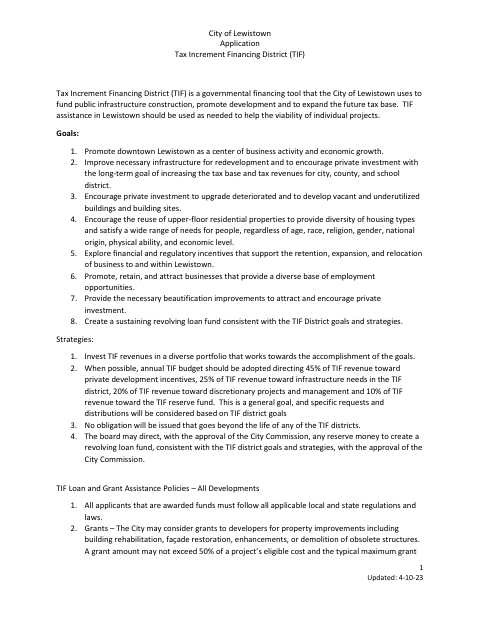 First page of the Tax Increment Financing District Application