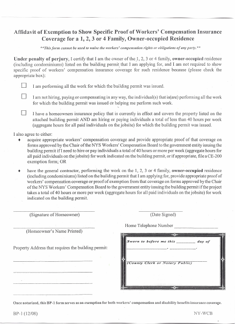 First page of the Workers' Compensation Exemption Affidavit
