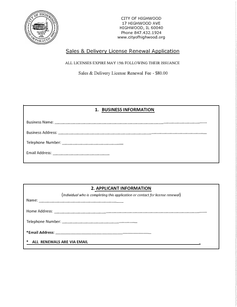 First page of the Sales & Delivery License Renewal Application