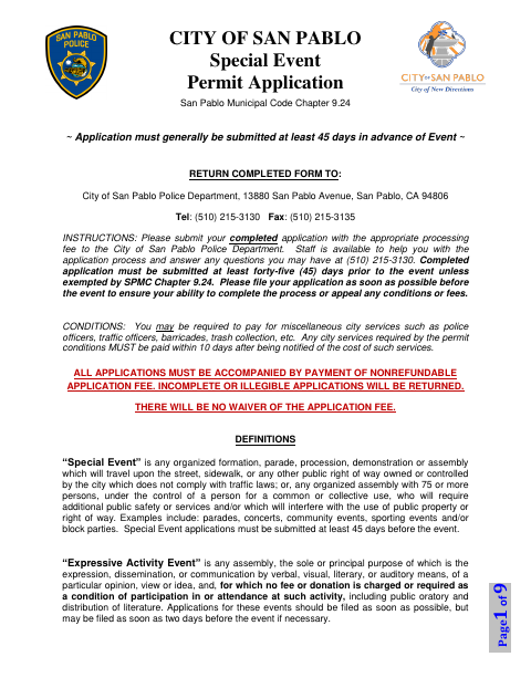 First page of the Special Event Permit Application