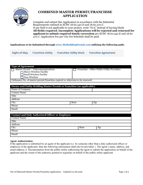 First page of the Combined Master Permit/Franchise Application