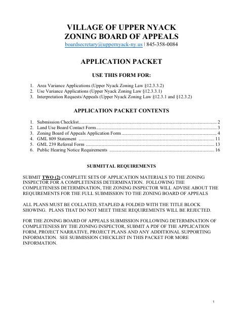 First page of the Zoning Board of Appeals Application Packet