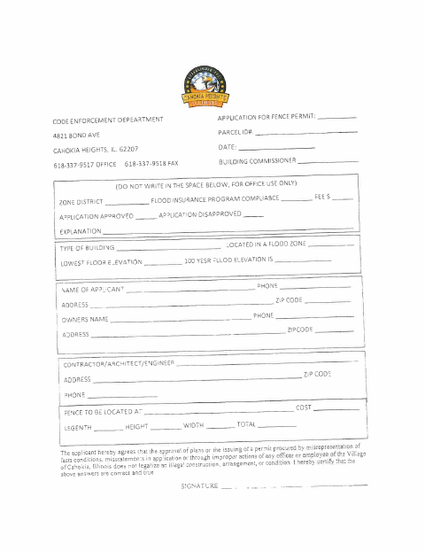 First page of the Application for Fence Permit