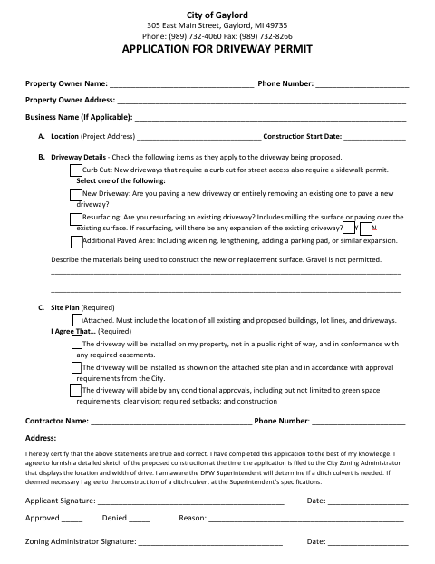 First page of the Driveway Permit Application