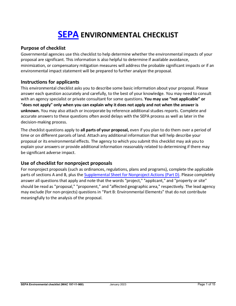 First page of the SEPA Environmental Checklist With Supplement D