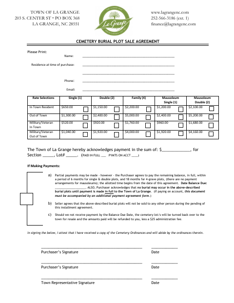 First page of the Cemetery Burial Plot Sale Agreement